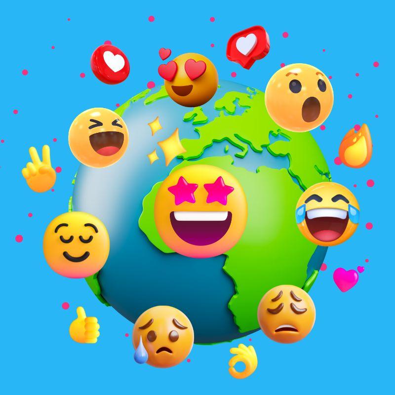 Imagen representando un planeta tierra lleno de emojis. 