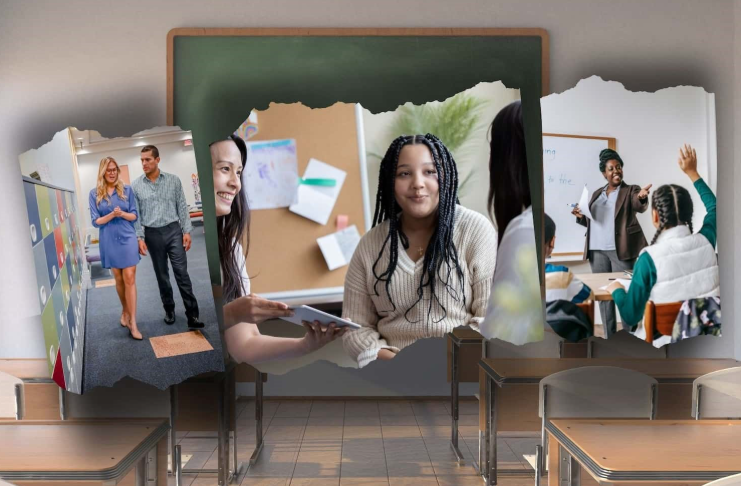 Images of teachers and students with classrooms in the background 