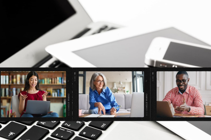 Images of people working online and devices in the background 