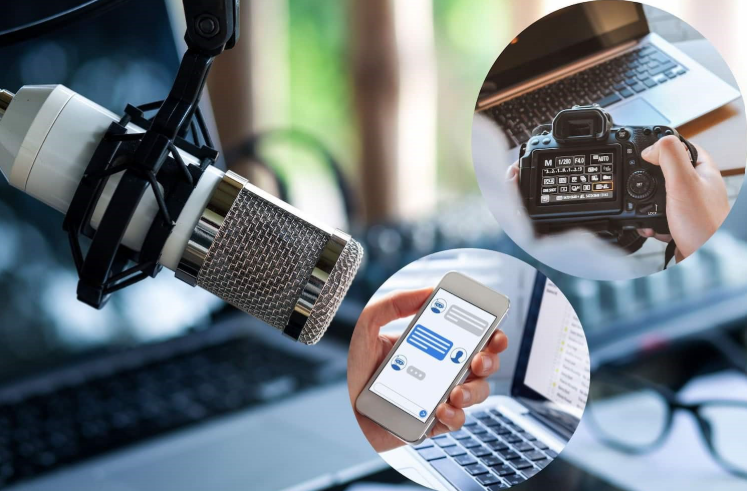 Laptops, a microphone, a cell phone and a camera 