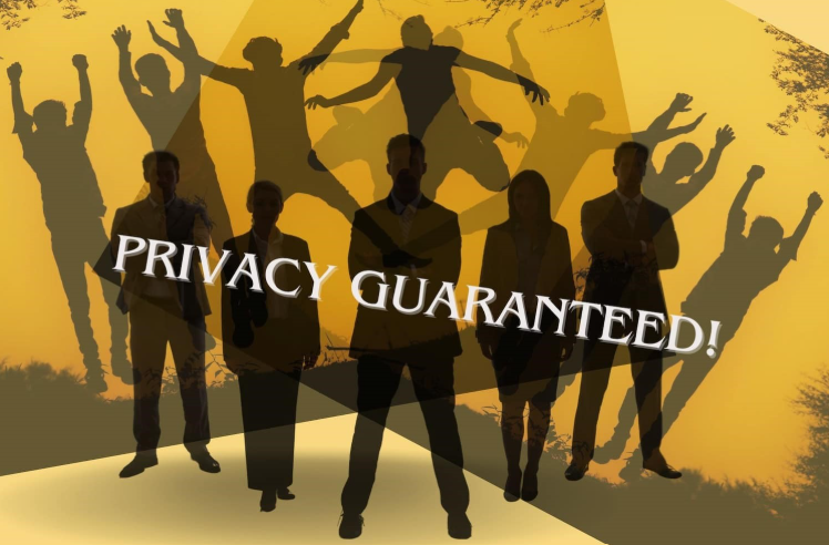 Group of people’s silhouettes with a “Privacy guaranteed!” notice 