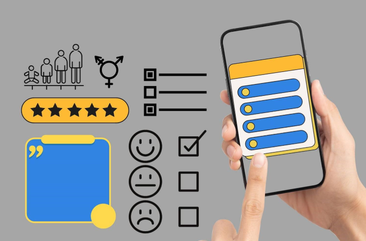 A person typing on a mobile phone screen and various types of question icons 