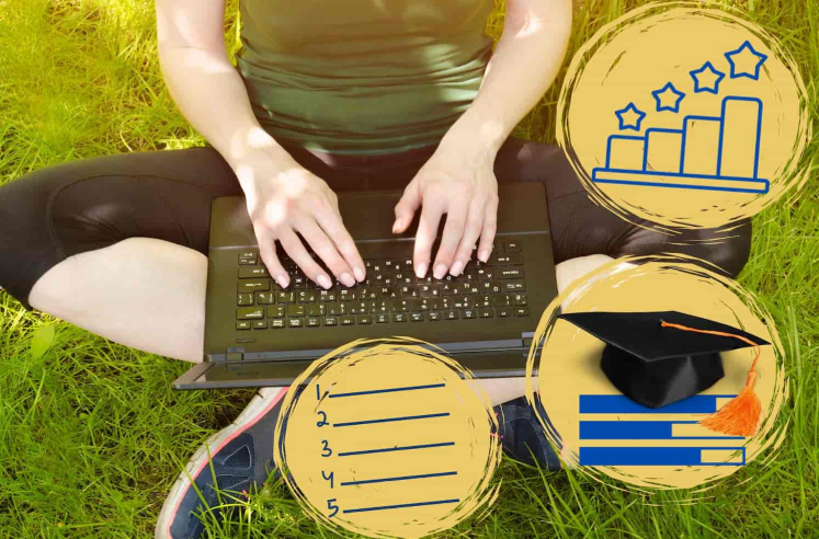 A person typing on their laptop and question forms icons 