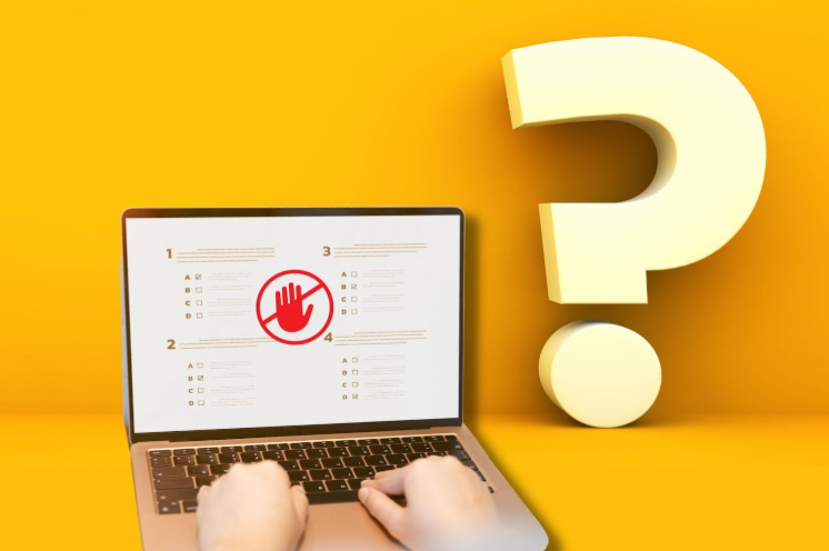 Survey on the laptop screen with a blocking icon and a question mark in the background 