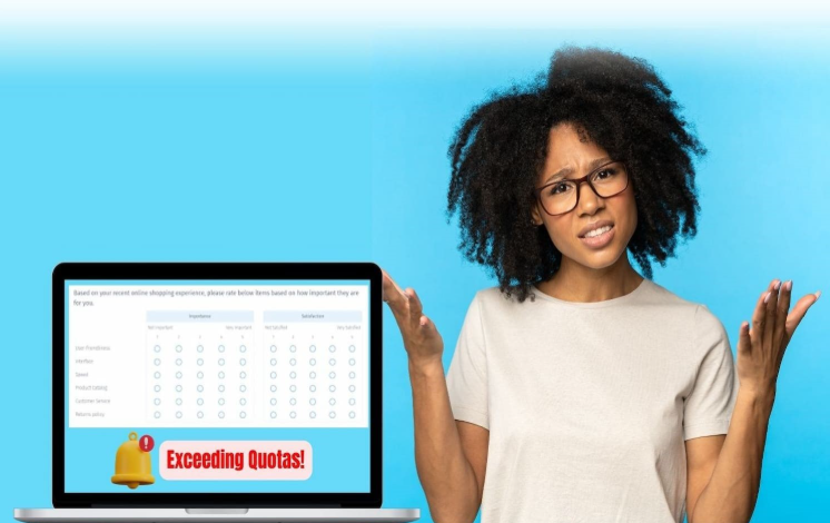  A confused woman by the laptop with Exceeding Quotas alert on the screen