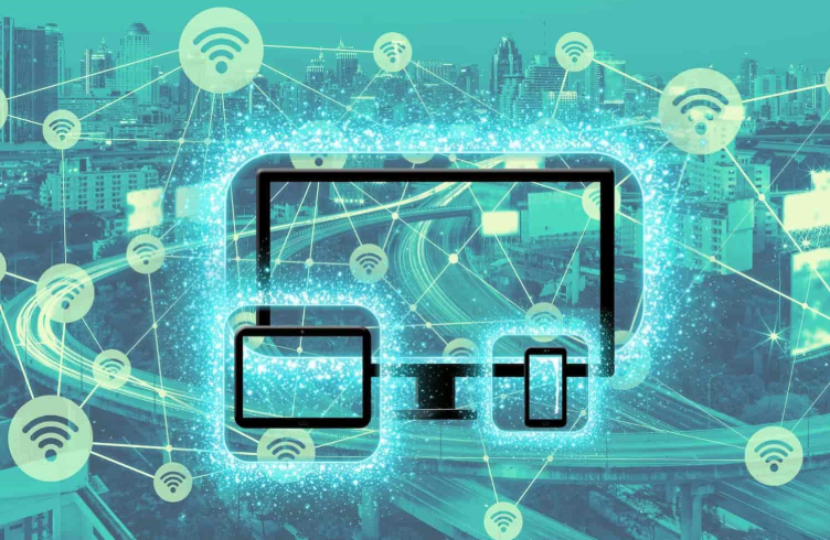 Devices with a city view and wifi icons in the background 