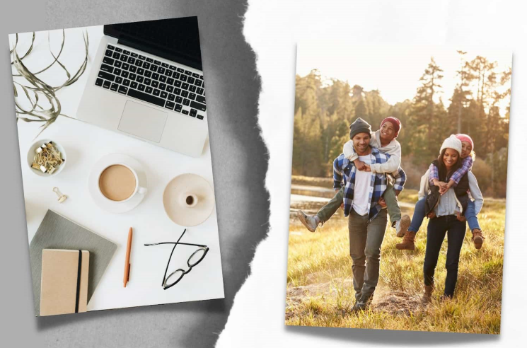 Images showing work setup and a family spending time outdoors