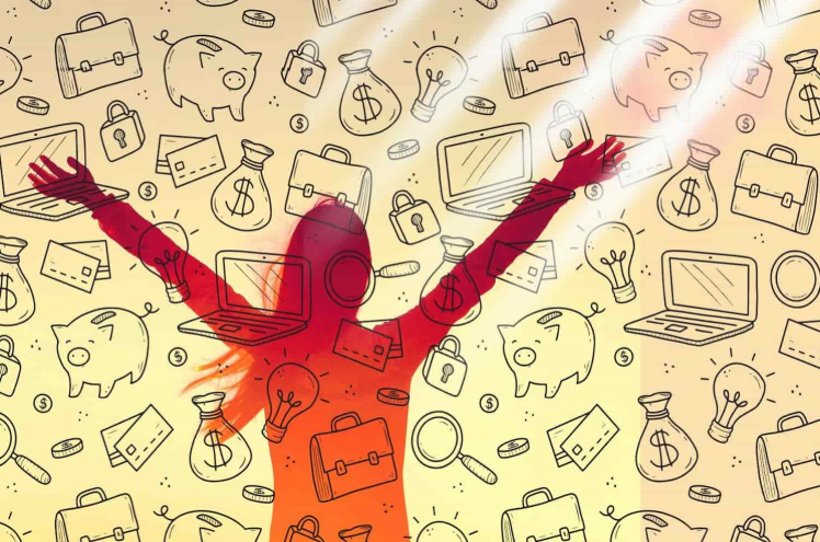 Silhouette of a woman with her arms raised and the symbols of work