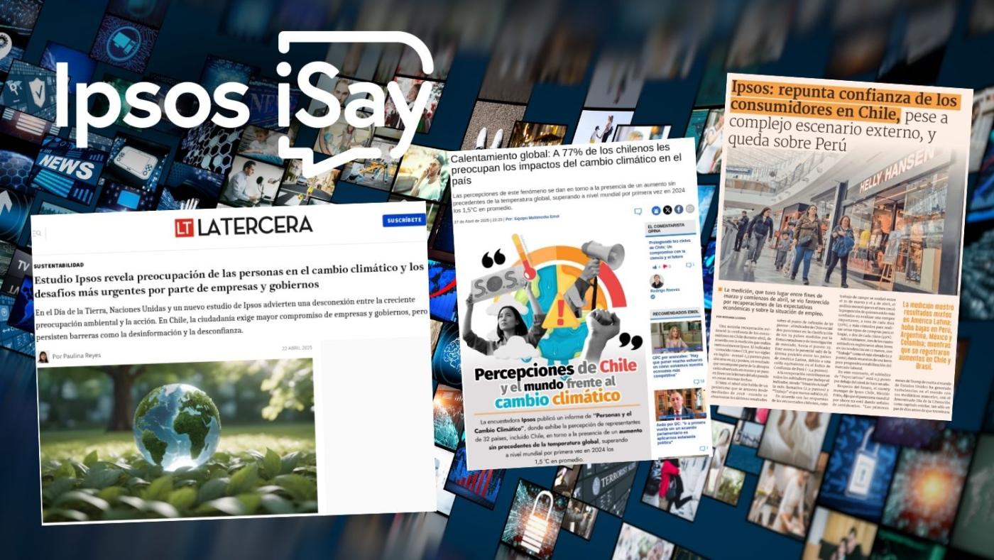 Imagen mostrando capturas de portadas de diarios chilenos que mencionan estudios de Ipsos. 