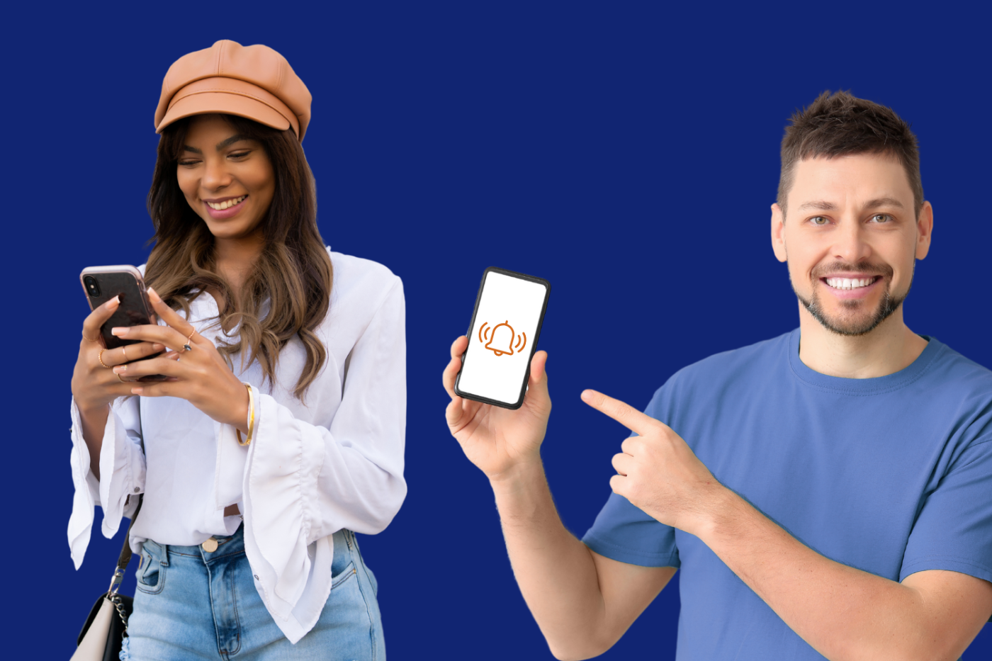 a woman and a man with a phone in their hands
