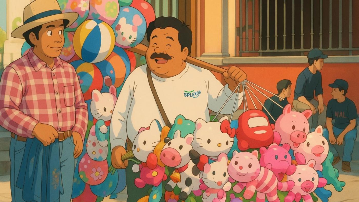 Imagen generada con IA imitando a estudio Ghibli en base a una imagen de un vendedor ambulante en una ciudad latinoamericana