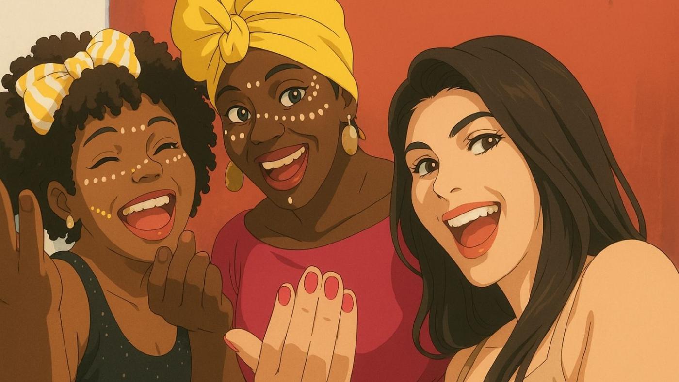imagen generada con IA en estilo estudio ghibli representando personas de Brasil