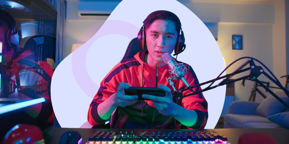 A livestreamer is playing a video game. He is wearing headphones and has a microphone.