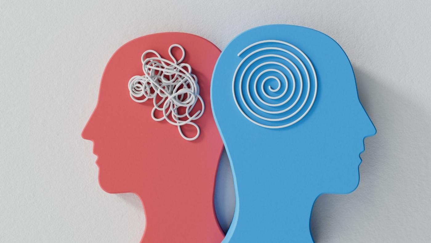 Imagen de un collage con dos siluetas de cabezas humanas representando el equilibro y el desequilibrio interno para ilustrar la problemática de la salud mental.