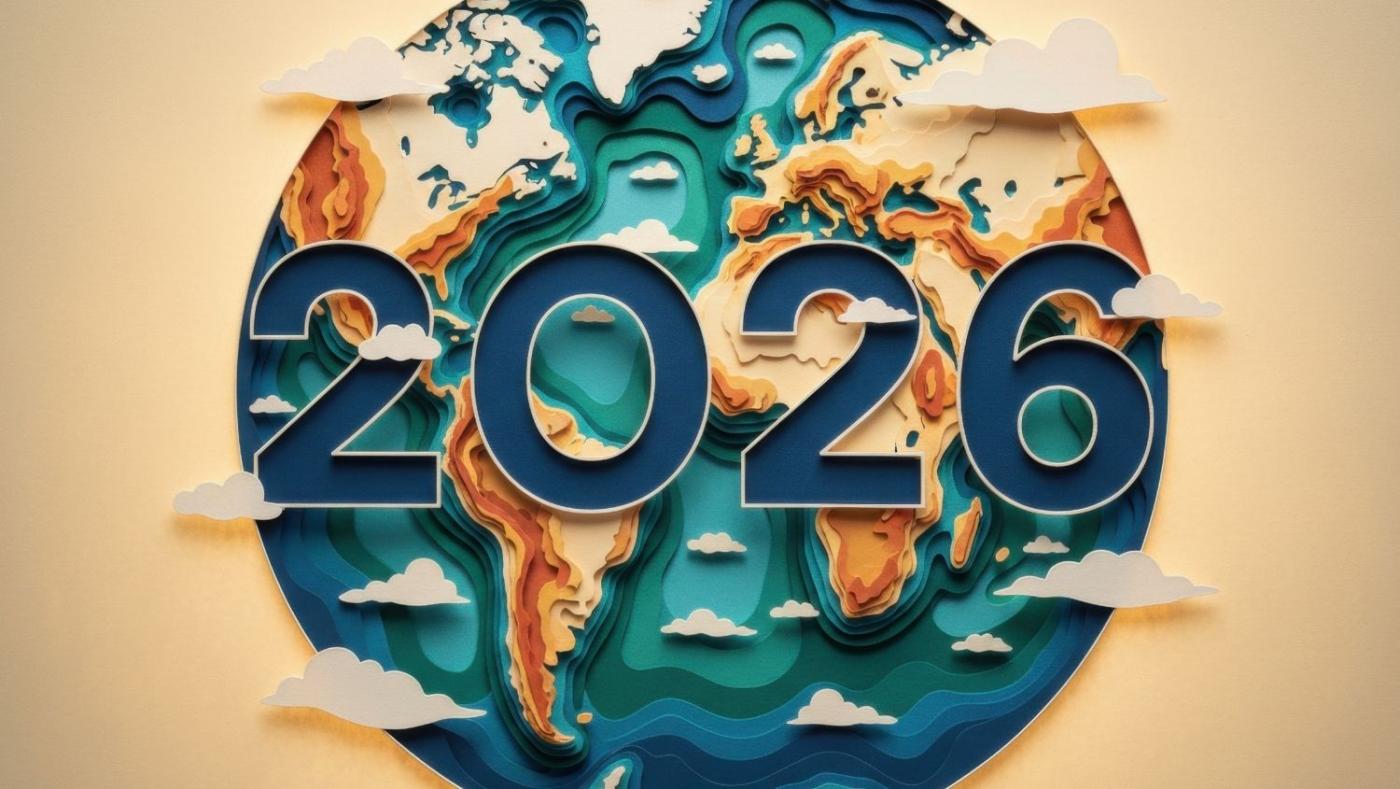 imagen representando el planeta tierra con los números 2026 encima. 