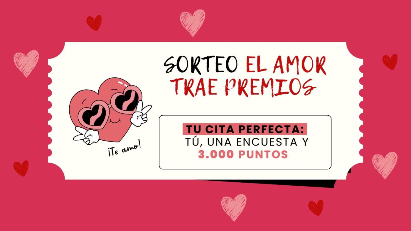 Banner de la campaña El Amor trae Premios de Ipsos iSay con corazones y texto promocional sobre el sorteo de 3000 puntos por responder encuestas en febrero.