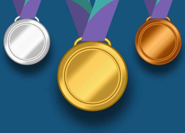 Illustrated gold, silver, and bronze medals on a dark blue background