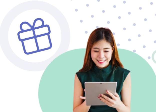 A woman looks at her tablet. An icon of a gift.