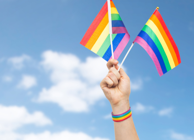 a hand holding 2 rainbow flags