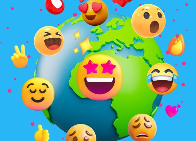 Imagen representando un planeta tierra lleno de emojis. 