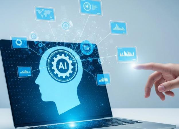 Imagen de una compuradora con una representación de la IA y una mano humana a punto de tocar los íconos que salen de la pantalla