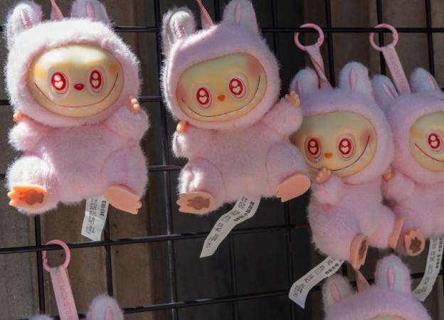 Imagen de muñecos Labubu colgando en la reja de una tienda callejera 