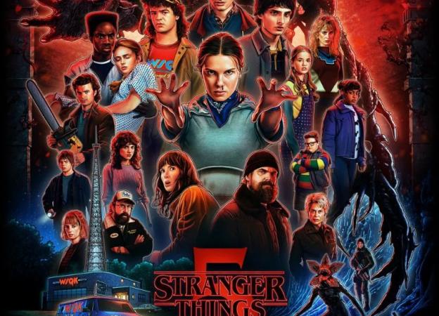 Póster de Stranger Things temporada 5 con Eleven y su grupo en Hawkins, estética ochentera y tonos oscuros de ciencia ficción. Crédito: Netflix