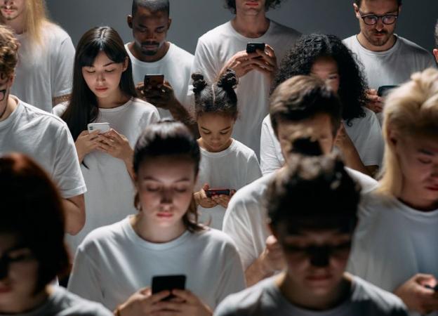 Grupo de personas reunidas distraídas con sus teléfonos móviles durante una conversación social